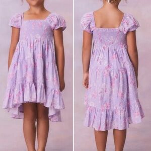 LoveShackFancy Girls Muriella Floral Print Flutter Sleeve Dress in Hibiscus